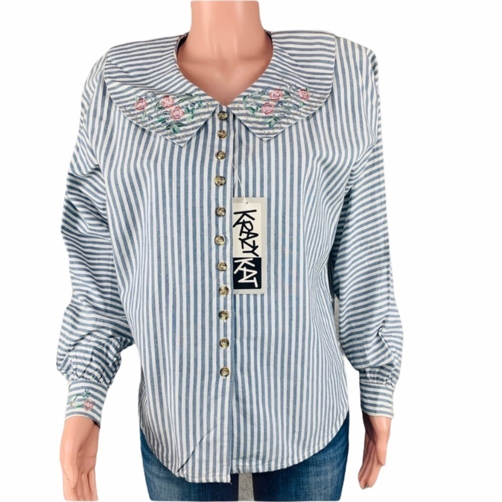 Krazy Kat Striped Blouse with Floral Embroidery